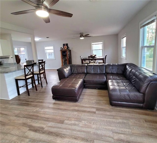 living room with wood finished floors, baseboards, and a wealth of natural light