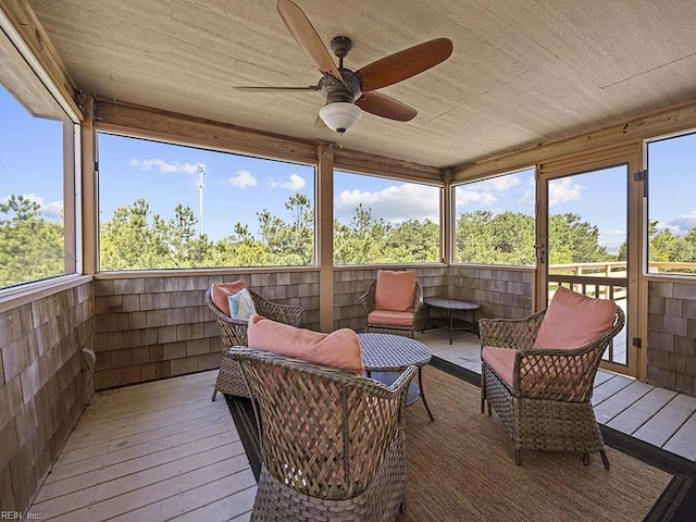 sunroom with wooden ceiling and a ceiling fan