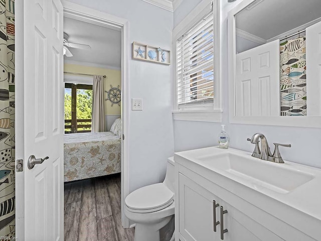 ensuite bathroom with crown molding, toilet, vanity, wood finished floors, and ensuite bath