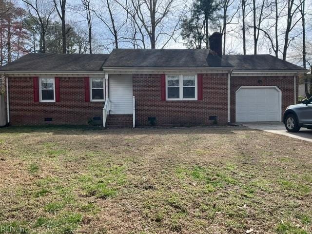 ranch-style house with a garage, a front lawn, crawl space, brick siding, and a chimney