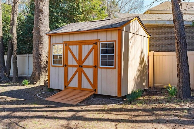 view of shed featuring a fenced backyard