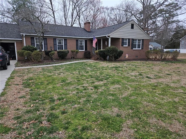 ranch-style house with brick siding, a chimney, a front yard, and a shingled roof