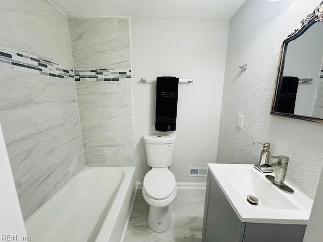 full bathroom with visible vents, baseboards, toilet, marble finish floor, and vanity