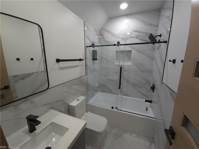 bathroom with toilet, marble finish floor, recessed lighting, enclosed tub / shower combo, and vanity