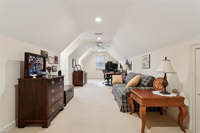 interior space with visible vents, light carpet, recessed lighting, baseboards, and vaulted ceiling