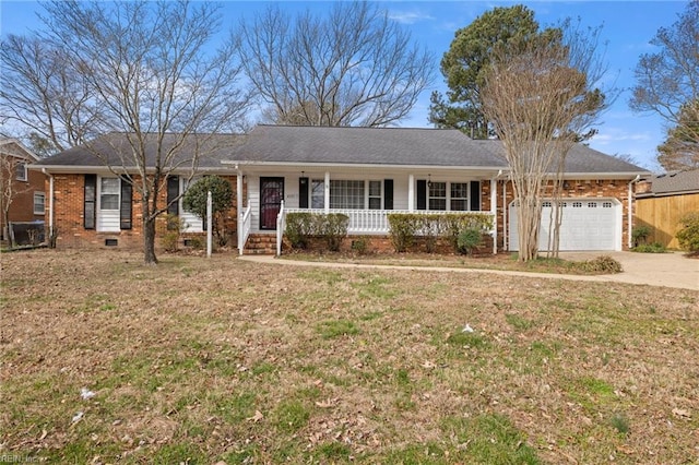 ranch-style home featuring driveway, a porch, an attached garage, crawl space, and brick siding