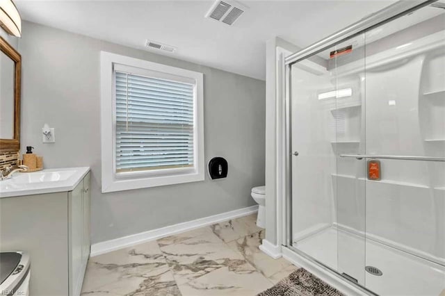 bathroom featuring visible vents, a shower stall, baseboards, marble finish floor, and vanity