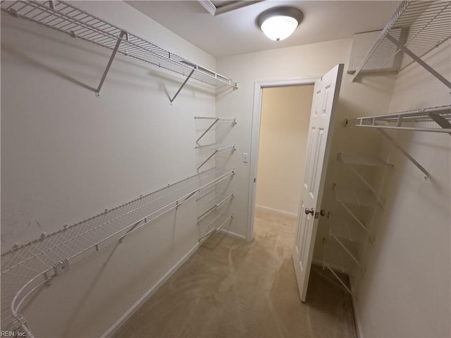 walk in closet with light colored carpet