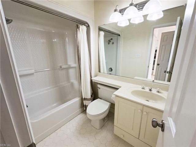 full bath featuring tile patterned flooring, shower / tub combo, toilet, and vanity