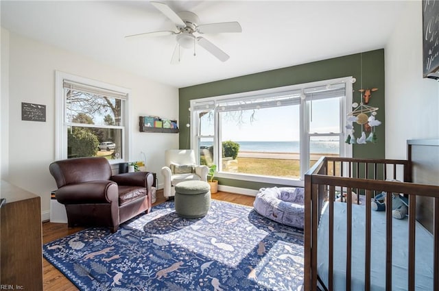 interior space with wood finished floors and ceiling fan