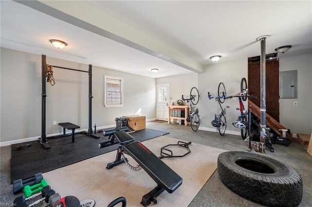 workout area with electric panel and baseboards