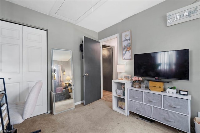 interior space featuring a closet and light carpet