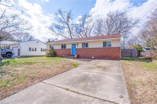 single story home featuring brick siding, crawl space, a front lawn, and fence