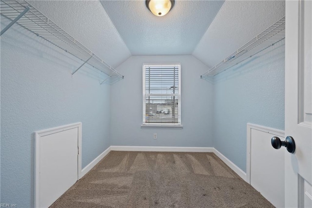 spacious closet with lofted ceiling and carpet