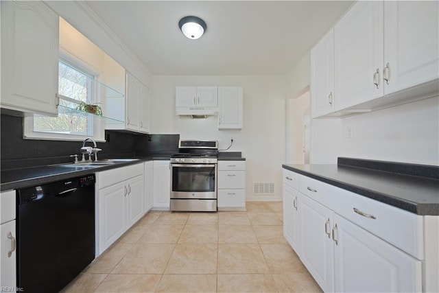 kitchen with visible vents, stainless steel range with gas cooktop, a sink, black dishwasher, and dark countertops