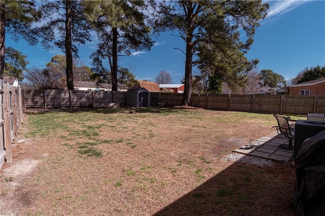 view of yard featuring a storage unit, an outdoor structure, and a fenced backyard