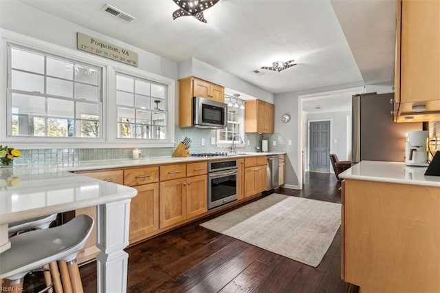 kitchen featuring visible vents, a sink, tasteful backsplash, appliances with stainless steel finishes, and dark wood-style flooring