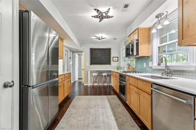 kitchen featuring visible vents, a sink, backsplash, stainless steel appliances, and dark wood-style flooring