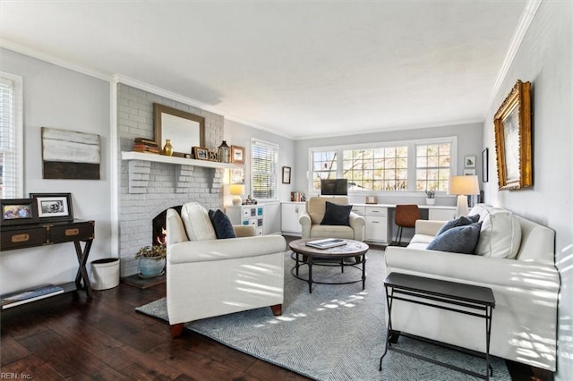 living room featuring crown molding, a brick fireplace, and dark wood-style flooring