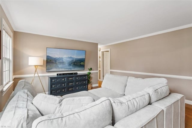 living area featuring wood finished floors and crown molding