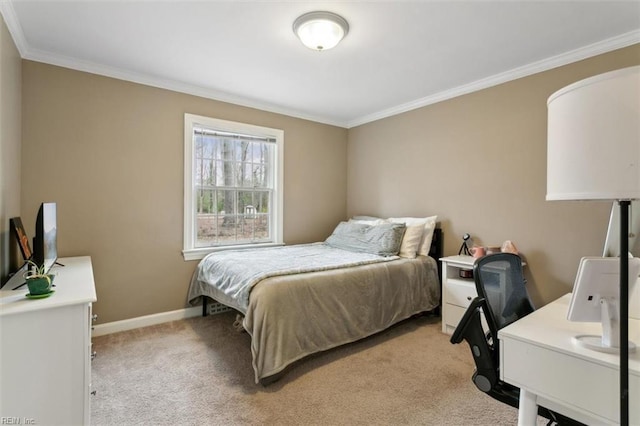 bedroom featuring crown molding, light colored carpet, and baseboards