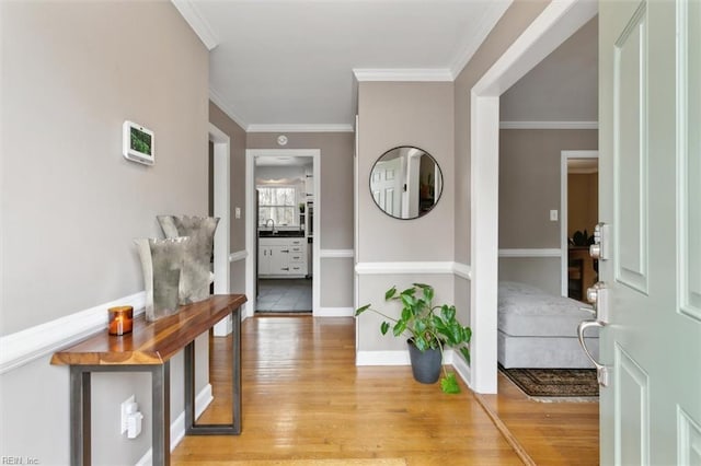 foyer featuring light wood-type flooring, baseboards, and crown molding