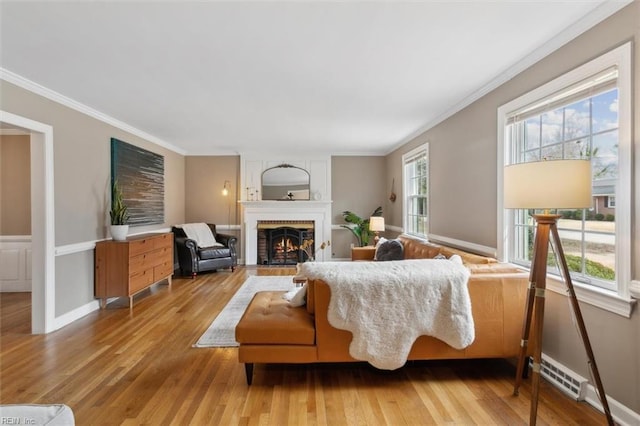 living area featuring crown molding, a fireplace, and light wood-style floors