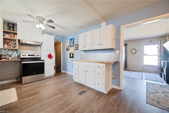 kitchen with under cabinet range hood, white cabinetry, tasteful backsplash, and electric stove