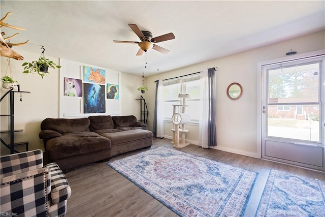 living area featuring baseboards, plenty of natural light, wood finished floors, and a ceiling fan