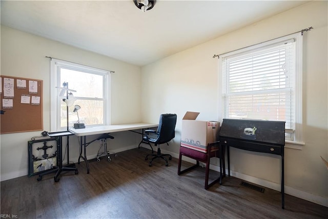 office featuring visible vents, baseboards, and wood finished floors