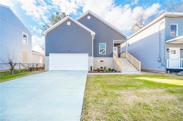 view of front of property featuring stairway, concrete driveway, a front yard, a garage, and brick siding