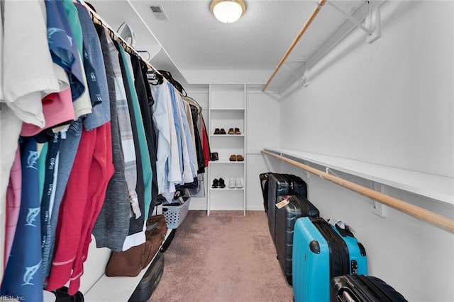 spacious closet featuring visible vents and carpet floors