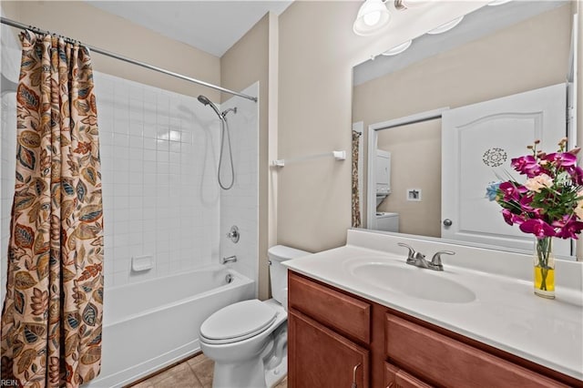 full bath featuring vanity, tile patterned floors, toilet, and shower / tub combo with curtain