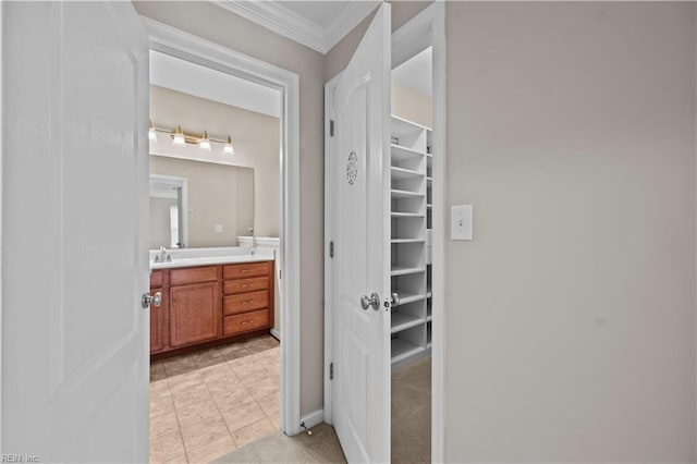 bathroom with a walk in closet, vanity, and crown molding