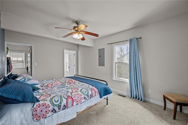 carpeted bedroom featuring electric panel, visible vents, a ceiling fan, and baseboards