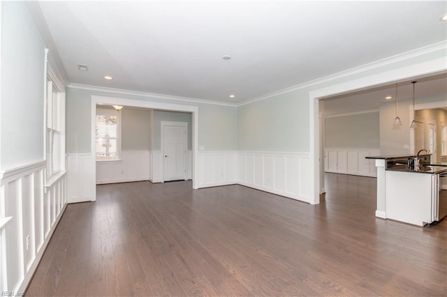 unfurnished living room featuring a sink, a wainscoted wall, dark wood-style floors, and ornamental molding