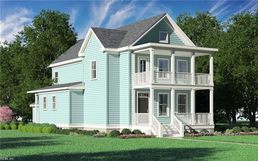 view of front of property with a balcony, covered porch, a front yard, and a shingled roof