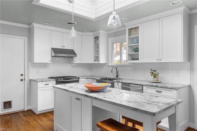 kitchen featuring under cabinet range hood, white cabinetry, appliances with stainless steel finishes, and a sink