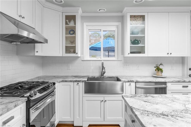 kitchen with under cabinet range hood, stainless steel appliances, white cabinetry, and a sink