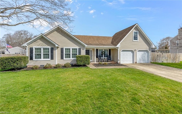 view of front of home with fence, driveway, a front lawn, a garage, and crawl space