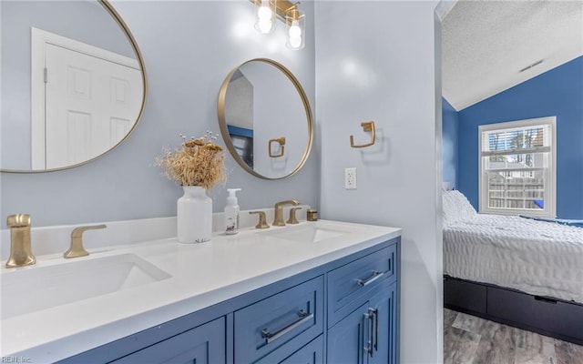 ensuite bathroom with a sink, connected bathroom, lofted ceiling, and a textured ceiling