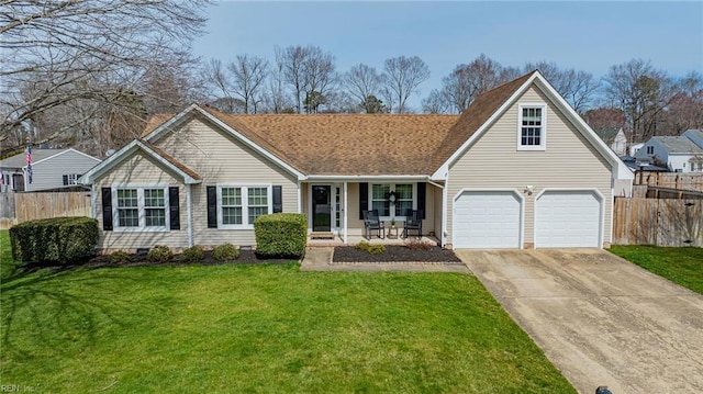 view of front of home featuring crawl space, covered porch, a front lawn, and fence