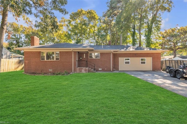 ranch-style home with crawl space, a chimney, a front lawn, and fence