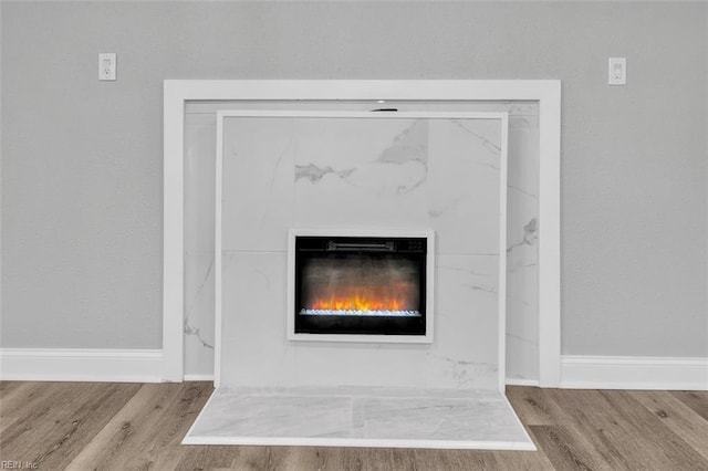 details featuring baseboards, a warm lit fireplace, and wood finished floors