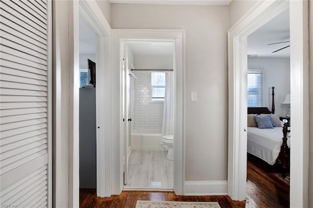 corridor featuring baseboards and dark wood-style flooring