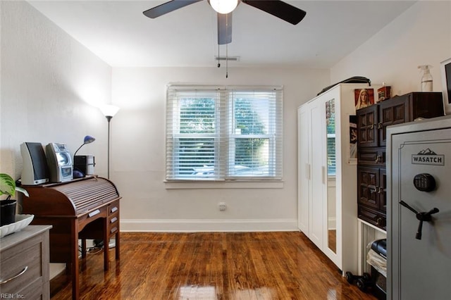 office with visible vents, ceiling fan, baseboards, and wood finished floors