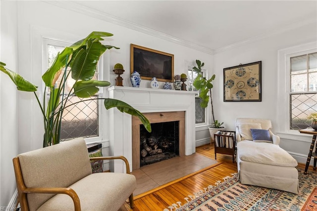 living area featuring a fireplace with raised hearth, wood finished floors, baseboards, and ornamental molding