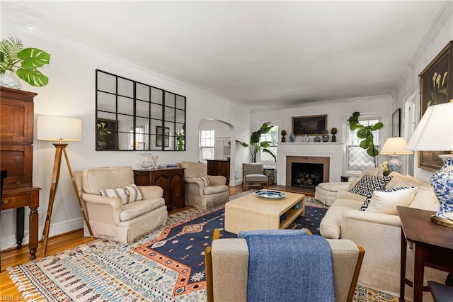 living room with a healthy amount of sunlight, wood finished floors, and ornamental molding