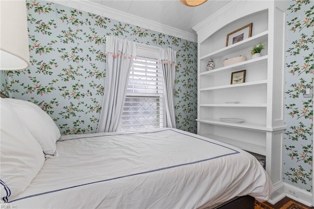 bedroom with wallpapered walls, baseboards, and ornamental molding