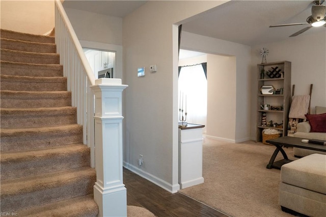 stairs featuring wood finished floors, carpet flooring, a ceiling fan, and baseboards